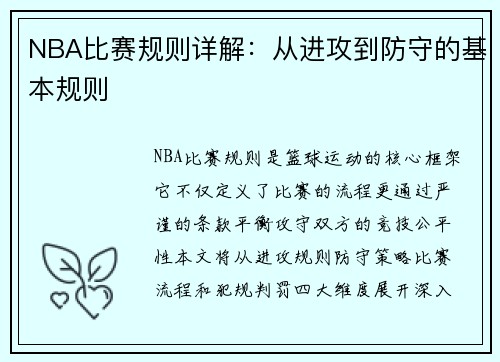 NBA比赛规则详解：从进攻到防守的基本规则