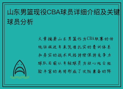 山东男篮现役CBA球员详细介绍及关键球员分析